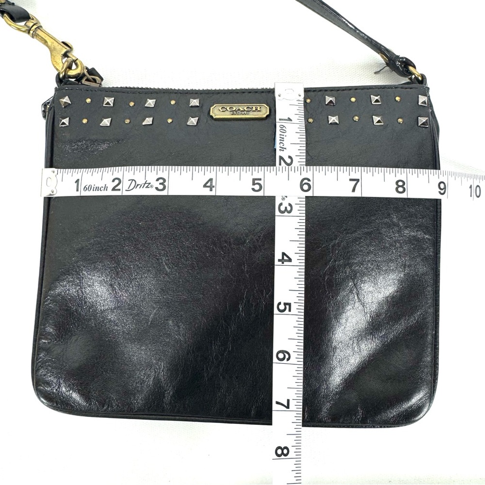 COACH black lthr crossbody shoulder bag w long strap, studs, brass hardware EUC - Picture 12 of 16